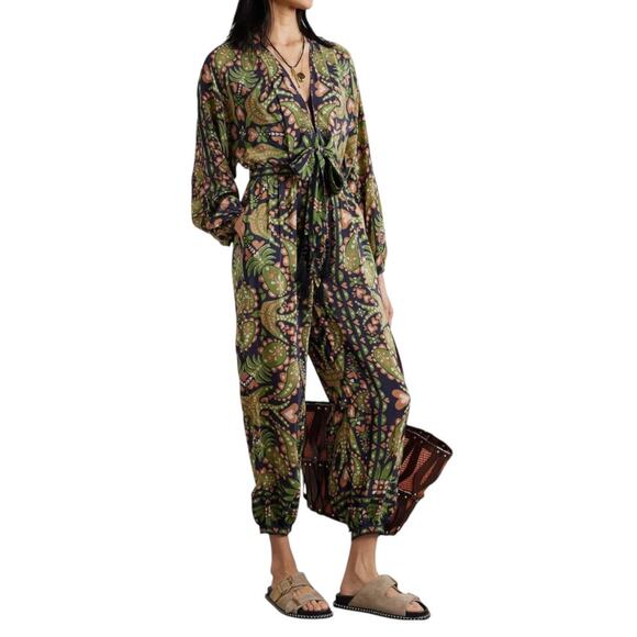 Farm Rio Martina Jumpsuit Scarf Black Motif Green Small